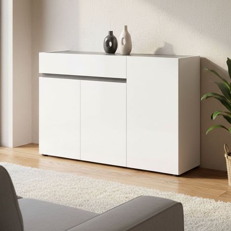 Credenza Bajardo, alacena 2 estantes, un cajón Made in Italy, 3 puertas, 120x42x80h cm blanco brillante (1/5)