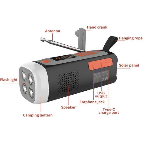 Notradio, 4500 mAh, tragbar, mit Handkurbel, Solarbetrieb, AM/FM/SW-Radio, Outdoor-Radio, kabellos, Bluetooth (1/5)