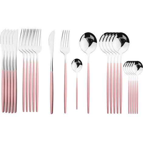 (Rose Argent) Ensemble de couverts 24 pièces en acier inoxydable, comprenant un couteau, une cuillère et une fourchette (1/5)