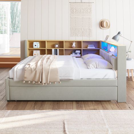 Canapé-lit 140x200, lit escamotable 90x190, équipé de LEDs, prises et nombreux rangements, canapé convertible, lit simple, molleton, gris clair. (1/5)