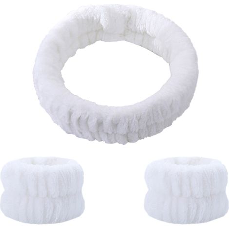 3 Pièces Set de Bandeau et Bracelets de Lavage de Visage Bandeaux de Spa Facial Bandeau de Maquillage Bandeau Élastique de Visage Serre-Tête de Lavage de Visage pour Soins de Peau(Blanc) (1/5)