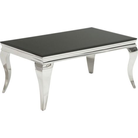 Table basse VELENA 100 cm silberfarben mit schwarzem Sicherheitsglas – Geschwungene Beine im Barockstil