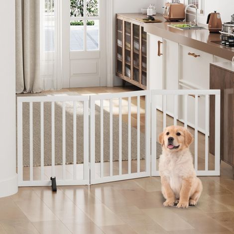 Barrière de Sécurité pour Chien en Bois Clôture Pliable à 3 Panneaux Ajustable avec Pieds Antidérapants pour Escalier et Porte Blanc (1/5)