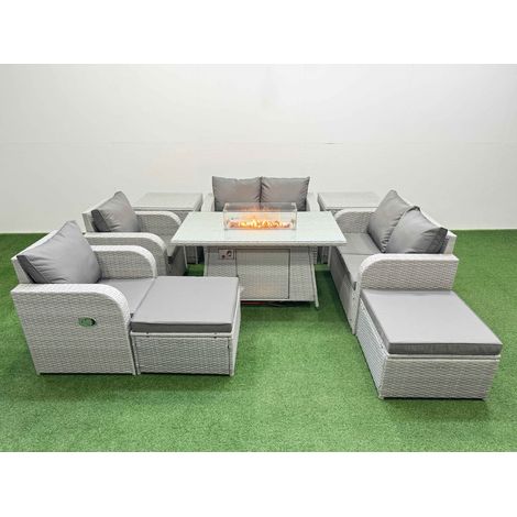 Fimous 8 Seater Outdoor Reclining Chair Love Sofa Set Rattan Garden Furniture Set with Firepit Dining Table 2 Big FootStools  2 Side Table Light Grey (1/4)
