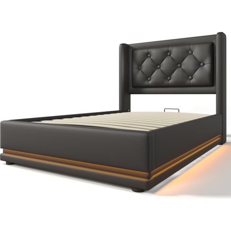 Cama con canapé 1 plaza 90 x 200 cm en PU negro con cabecero tapizado, USB Type-C y LED en 3 lados (1/5)