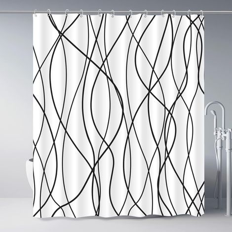 Duschvorhang 180 x 200, schwarzer Duschvorhang, gestreifter Stoff für Badewanne, wasserdichte Vorhänge, Badezimmer-Duschvorhang, weiß, mit 12 Haken