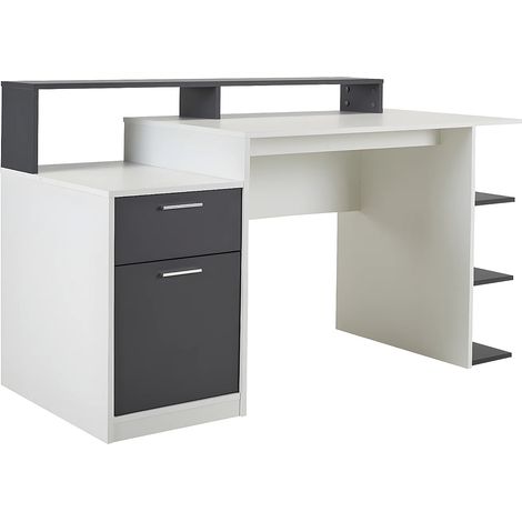 Vente-Unique – Bureau droit avec rangements – Blanc et gris – Panneau de particule – 138 cm longueur – 82.5 cm hauteur – 60 cm profondeur – À monter soi-même (1/5)