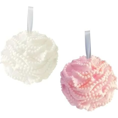 Éponge de bain douce pour peaux sensibles – Lot de 2 éponges en dentelle avec boules, blanc et rose, fleur décorative avec ruban