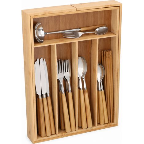 Portaposate Estensibile in Bambù Porta Posate Organizer da Cucina 46x33.5x6cm