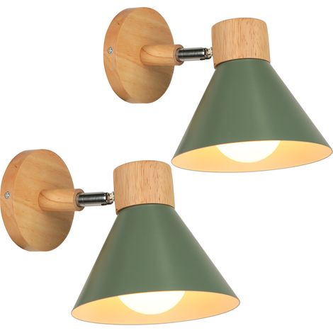 Appliques Murales Vintages Industrielles Lampe Murale en Métal et Bois Suspension Luminaire Réglable Vert Ø17,5CM - 2Pcs