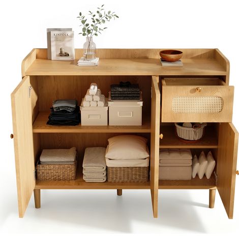 Sideboard mit 3 Türen, 1 Schublade und Verstellbaren Böden, Gedämpften Scharnieren, Holz, 120 x 40 x 91 cm, Eiche (1/5)