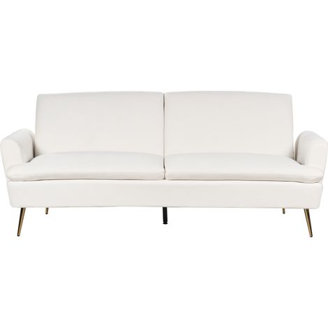 Sofá cama de terciopelo blanco crema 3 plazas patas de metal dorado Vettre