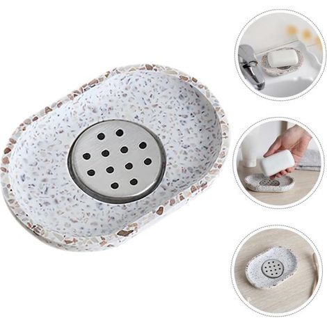 Porte-savon en terrazzo avec égouttoir en acier inoxydable, beige, porte-savon, pierre naturelle, beige pour salle de bain, lavabo et cuisine, design avec égouttoir pour (1/5)