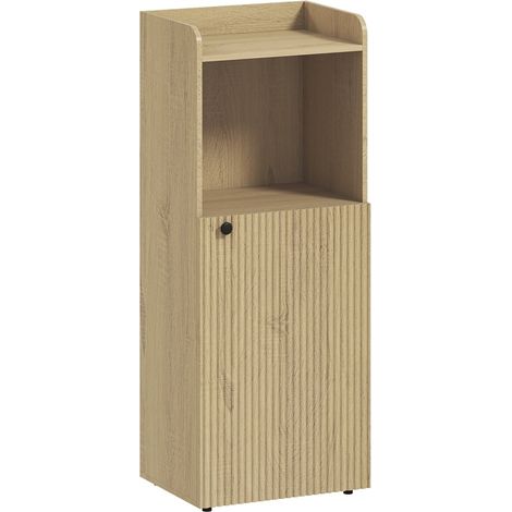 Armario de baño estrecho con puerta, estante abierto y balda regulable 40 x 31 x 104 cm color roble (1/5)