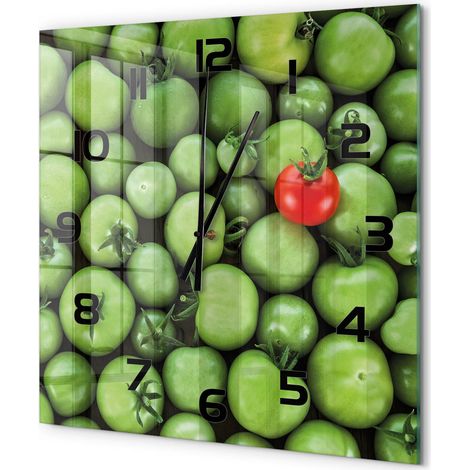 Grande Horloge Murale Carrée Décoration Cuisine en Verre Trempé Silencieuse Moderne Tomate mûre 60x60 cm (1/5)