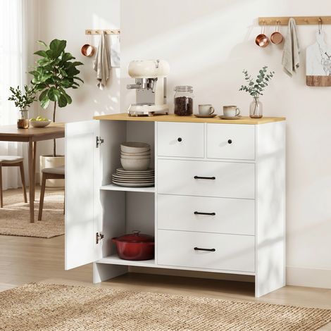 Buffet de cuisine rustique blanc 100x40x94 cm, meuble de rangement à 5 tiroirs et porte (1/5)