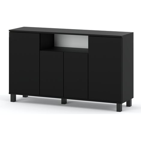 Commode moderne 140 cm – Noir mat – 4 portes sans poignées – Panneau laminé résistant aux rayures – Facilité d'assemblage (1/5)