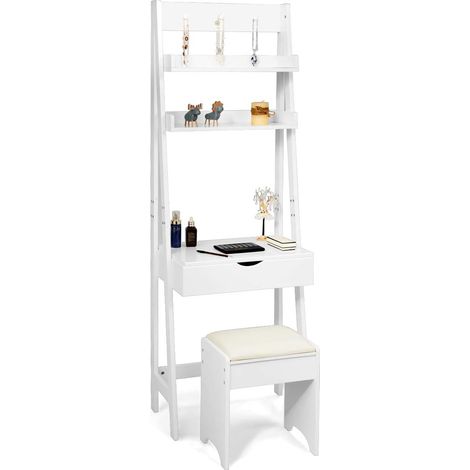 COSTWAY Schminktisch mit Hocker, Klappspiegel, 3 Haken, 2 Ablagen und 6 Fächern, Leiterregal, Frisiertisch Set, 40x60x180cm, weiß (1/5)