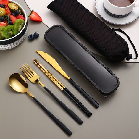 Ensemble de couverts portables (Black Gold) en acier inoxydable 304, comprenant un couteau, une fourchette, une cuillère et un coffret de rangement. (1/5)