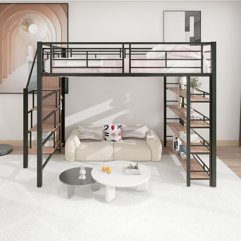Lit mezzanine 140x200 cm noir avec échelle sécurisée, armoire et espaces de rangement intégrés (1/5)
