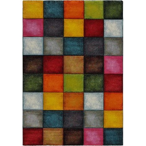 Tapis salon et chambre 80x150 rouge et jaune rectangle tissé motif damier LYN8 BELO 31