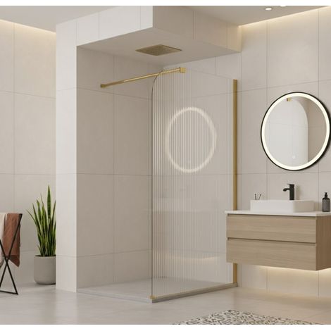 Paroi de douche italienne flûtée - 100 x 195 cm - Or brossé - Droite - LUCIA (1/5)
