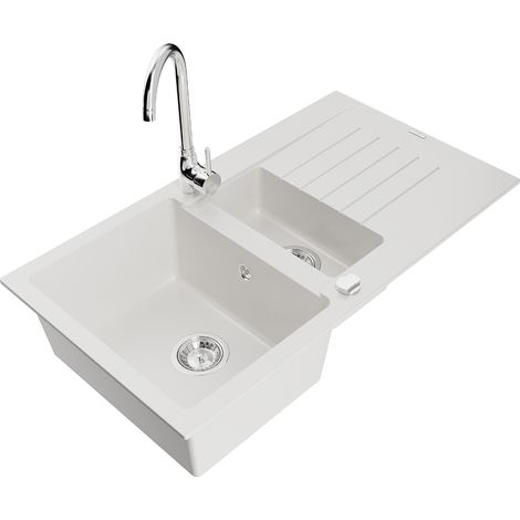 Mexen Matias évier en granit 1,5 bacs avec égouttoir et robinet de cuisine Telma, blanc - 6502-20-670200-00
