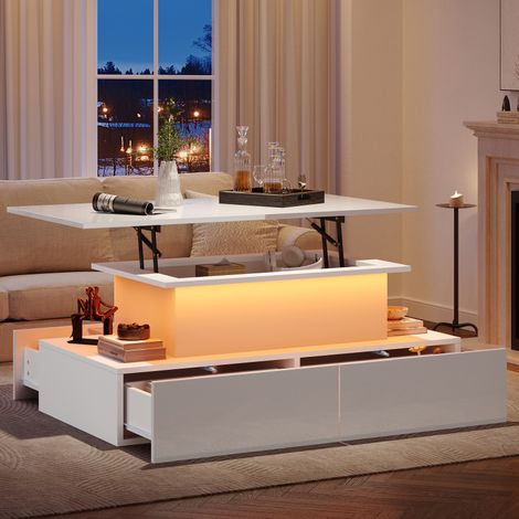 Table basse 90x55x41 cm, avec éclairage LED, quatre tiroirs, surface brillante blanche (1/5)
