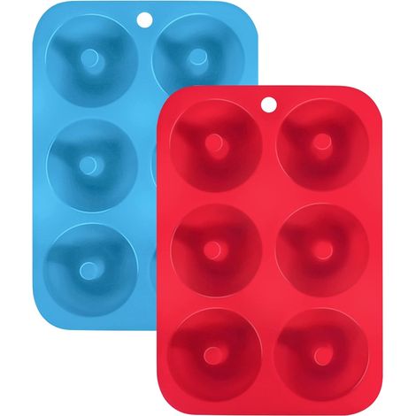 MINKUROW Stampi Per Ciambelle In Silicone Confezione Da 2, Stampi In Silicone A 6 Cavità, Antiaderenti, Sicuri, Per Torte, Biscotti, Bagel, Muffin, Blu, Rosso (1/5)