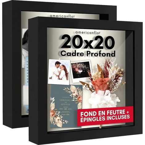 Lot de 2 Cadres Noirs avec Dos en Lin Doux - Bois Composite avec Verre incassable - pour Mur et Table - 20,3 x 20,3 cm (1/5)