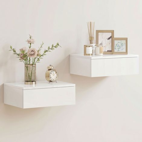 HOMCOM Wall Mounted Bedside Table with High Gloss Finish and Storage Drawer (1/5)