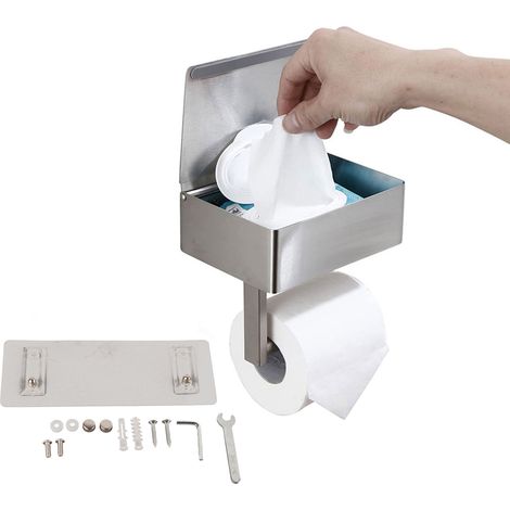 Soporte para papel higiénico de acero inoxidable con cajón, soporte 2 en 1 con estante para smartphone y toallitas húmedas, fácil montaje en pared, diseño moderno y elegante, dimensiones 20,5 x 15,5 x (1/5)