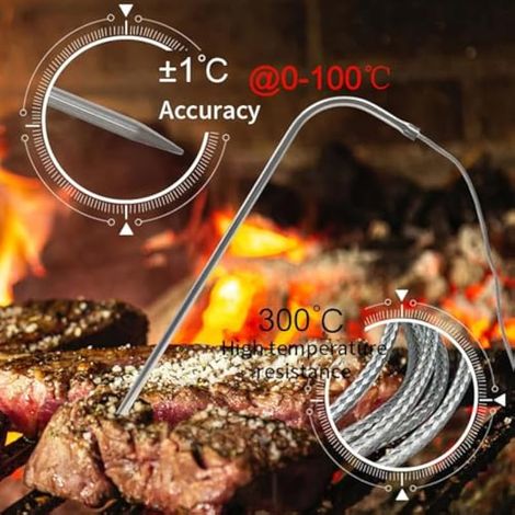 Thermomètre numérique LCD grand format (1 pièce) pour la cuisson des aliments et de la viande, compatible avec fumoir, four, barbecue et grill. Minuteur et capteur de température en acier inoxydable. (1/3)