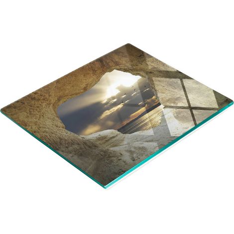 Tabla de servir de cristal para cocina con estampado de cueva marina, 60x52 cm.