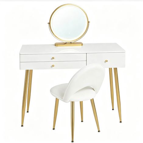 Tocador con espejo LED, 3 cajones y silla, blanco y dorado (1/5)