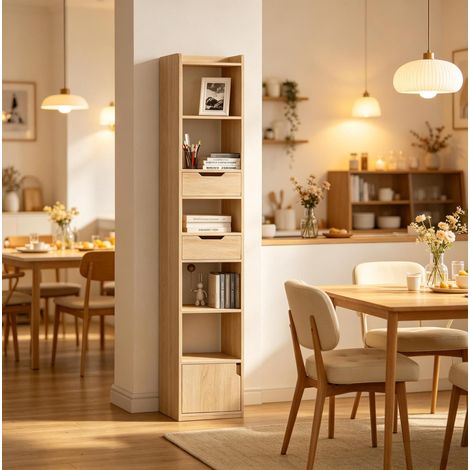 Standregal 33x24x181 cm Lichteiche Holz mit 6 offenen Fächern, 2 Schubladen und Türfach (1/5)