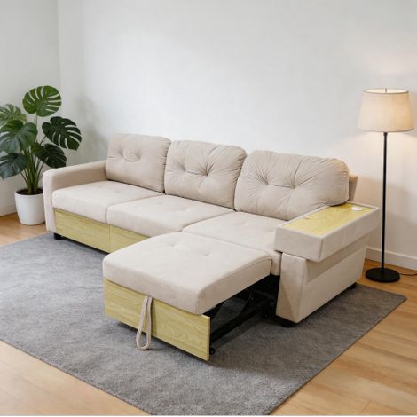 Modulares 3-Sitzer Ecksofa mit ausziehbarer Ottomane, USB-Anschluss, Stauraum & Holztischarm, Samtstoff Couch mit Hochdichtes Schaumstoff, Wohnzimmer Sofa in Grün,Beige