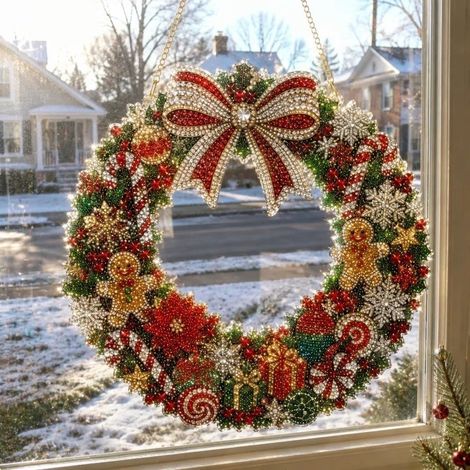 Nouvelle peinture diamant acrylique attrape-soleil de Noël - Couronne de Noël - 20 cm