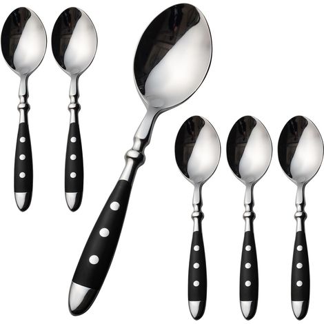 Lot de 6 Cuillère, Acier inoxydable 18/0, Poignée noire, Lavable au lave-vaisselle, Pour maison et salle à manger