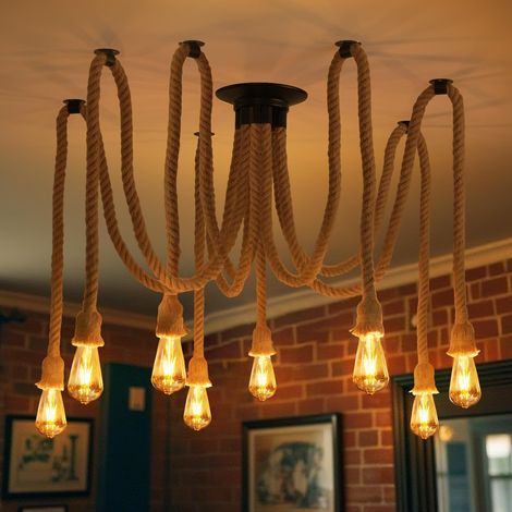 8 Luces Lustre de Cuerda de Cáñamo Lámpara de Techo Industrial Lámparas de Colgar Retro Vintage para Bar Balcón E27 (1/5)