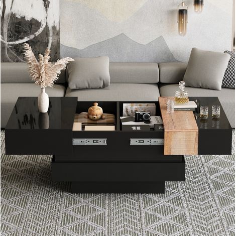 Mesa de centro cuadrada 70x70x39 cm negra, tablero deslizante y almacenaje oculto, MEUBLIV (1/5)
