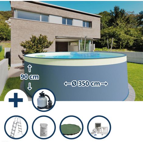 Stahlwandpool Set (6-teilig) rund 350x90 cm, Stahl 0,3 mm anthrazit, Folie 0,2 mm sand, overlap (1/5)