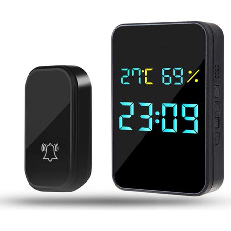 Kit de timbre inalámbrico con un alcance efectivo de hasta 200 metros incluye reloj, termómetro, higrómetro y 38 tonos de llamada fácil de instalar. (1/5)