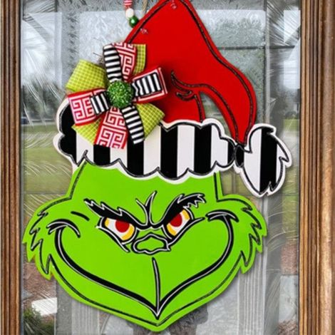 Décoration de porte d'entrée, mur, porche ou extérieur : couronne en bois verte représentant un personnage de film, panneau de bienvenue de Noël. (1/5)