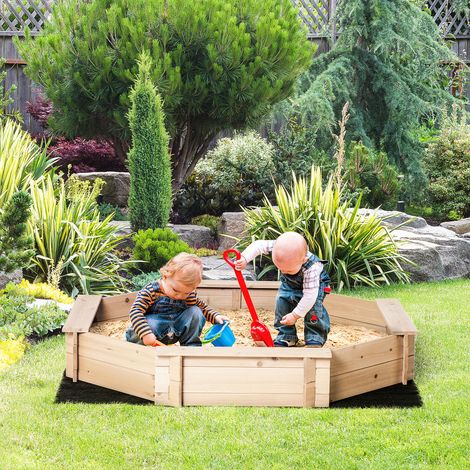 Bac à Sable Bois octogonal dim. 139.5L x 139.5l x 21.5H cm - 4 bancs - bâche de Couverture. Non tissé de Sol Inclus