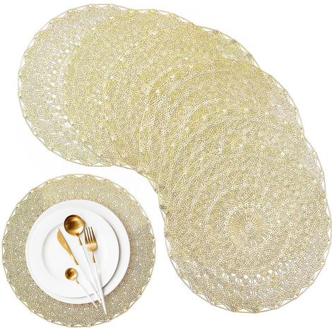 Sets de table ronds 2024, sets de table en PVC doré (lot de 6), antidérapants, lavables et résistants à la chaleur. (1/5)
