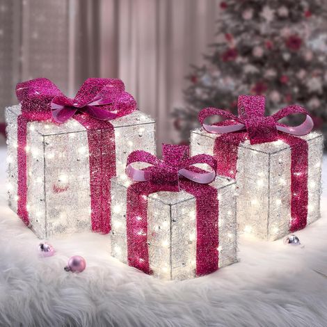 Cadeau Lumineux Noël 140 LEDs, 3Pcs Boîtes cadeaux Lumineuses avec Nœuds Rose, Coffret Cadeau Décoration Noël avec Guirlande Lumineuse Blanc Chaud, Déco Noël Intérieur pour Maison Arbre de Noël (1/5)