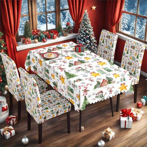 Ensemble de nappe et housse de chaise de Noël en soie de lait imperméable, imprimé, référence TC-225 (140 x 210 cm). (1/4)