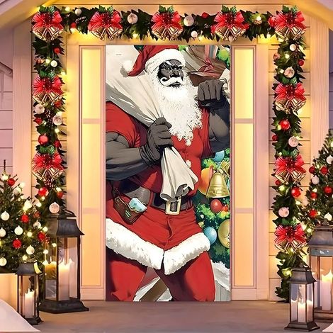 Rideau de porte de Noël 2026, bannière extérieure avec fond photo Père Noël et chien, tissu à suspendre - 90 x 180 cm (œillets + ruban) - 16