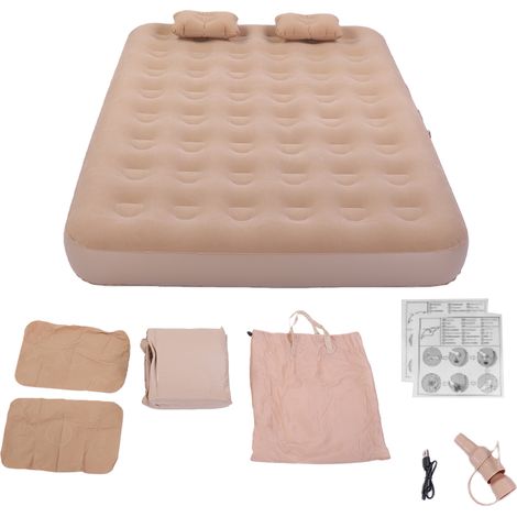 Matelas double autogonflant avec pompe intégrée, lit confortable floqué doux, lit gonflable portable pour le camping, les voyages, les invités, 2 oreillers + 1 sac de rangement pour pompe, patchs de r (1/5)